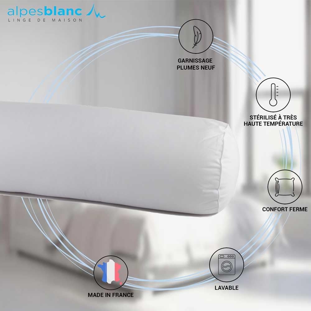 Alpes Blanc - Traversin de plumas de pato - 180 cm - Soporte medio firme y un hogar esponjoso - Confort y calidad francesa
