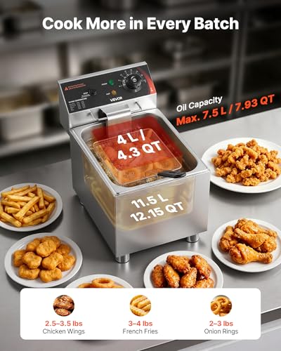 Image of VEVOR Commercial Electric Deep Fryer, 12.15 Qt, 1750W Stainless Steel Countertop Fryer with Basket and Lid, Overheat Protection, Temp Control, Adjustable Feet for Commercial Restaurant Use, Silver