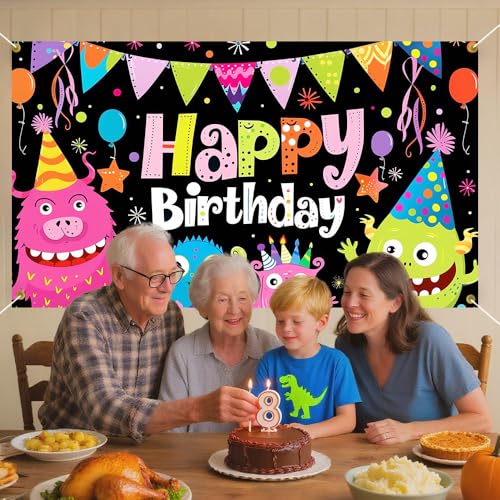 Image of Happy Birthday Backdrop Funny Monster Black Background Photography Background 70.8x43.3in Kids Party Decorations Boys Girls