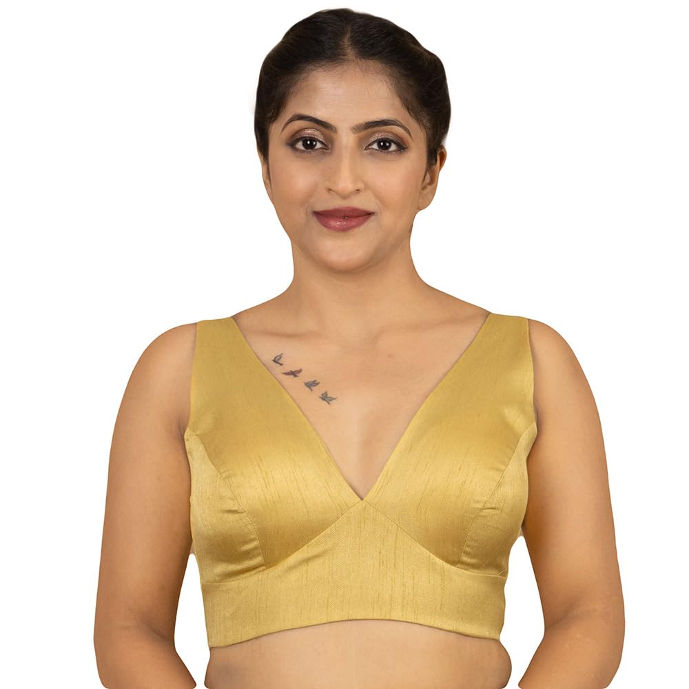 figure's designer Women's Dupion Raw Silk Sleeveless V Neck Sabyasachi Cut Readymade Saree Blouse Padded Stitched Lining Designer Indian Festive Blouse | S4-picture-37