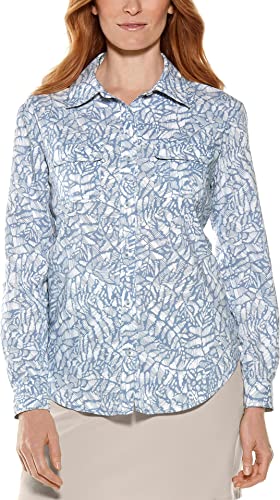 Coolibar UPF 50+ Women's Mylitta Travel Shirt - Sun Protective (Large- Blue Etched Leaf)
