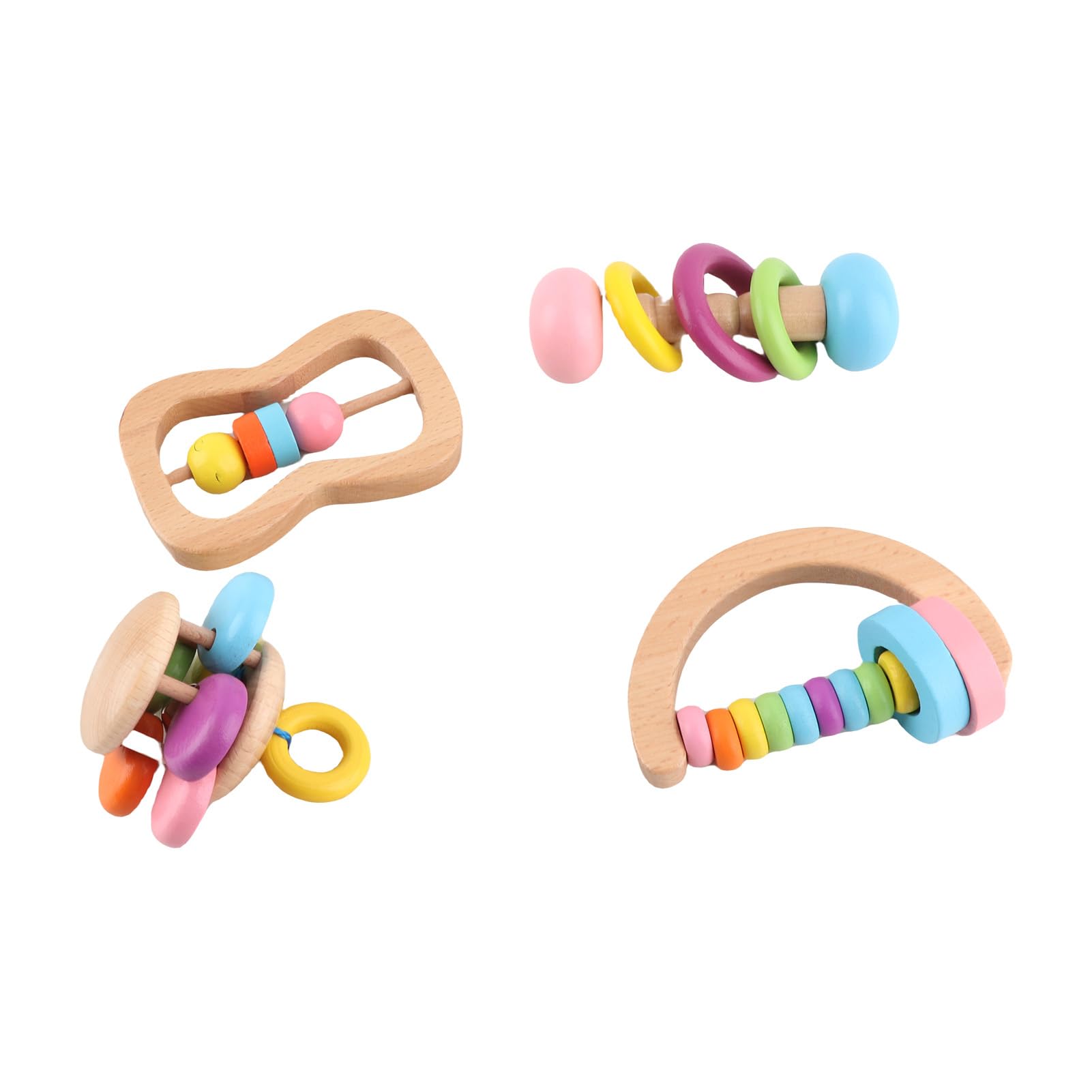 Set De 4 Sonajeros De Madera Para Bebé – Diseños Coloridos Y Suaves, Ideales Para Motricidad Fina Desde 3 Meses