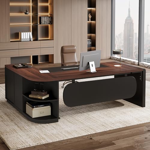 Tribesigns 81'' L-Shaped Executive Desk, Large Commercial Office Desk with Drawers and File Cabinet, Walnut & Black Modern Professional Business Furniture Workstations with Storage Shelves
