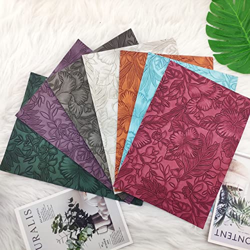 Shuangart 7 Pcs Embossed Faux Leather Sheets For Earrings Purses Making, 8.2" X 11.8" With Flower Leaf Embossed Textured Synthetic Fabric Sheets For Diy Bows Wallet Sewing Crafts (Relief) #TOP5
