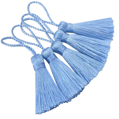 Image of Makhry 20pcs 4.3 Inch Handmade Silky Floss Mini Tiny Craft Tassels with 2-Inch Cord Loop and Small Chinese Knot for Earrings, Souvenir, Bookmarks, DIY Craft Accessory,Tags (Sky Blue)
