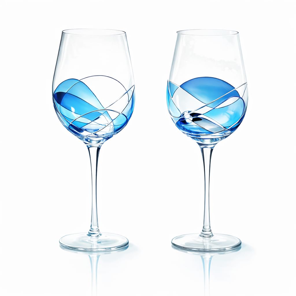 Wine Glasses Hand Painted Victoria Barcelona Mouth Blown Unique Gifts Ideas Set 2 29oz Antoni Gaudi Cornet Experience Murano Inspired (2, Blue, Silver