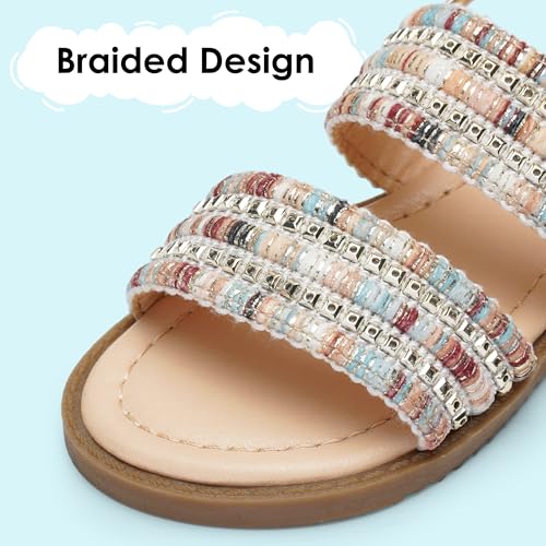 Image of Dodow Girls Sandals Open Toe Hook and Loop Flat Dress Sandals Summer Shoes for Toddler Little Kid