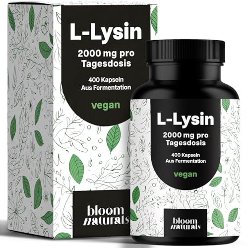 L-Lysin hochdosiert - 400 Kapseln mit 2000mg pures L Lysin pro Tagesportion. Aus pflanzlicher Fermentation...