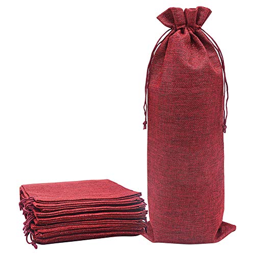 Shintop 10 bolsas de vino de yute, 16 x 6.7 pulgadas, bolsas de regalo para botellas de vino de arpillera con cordón (1,5 L, rojo)