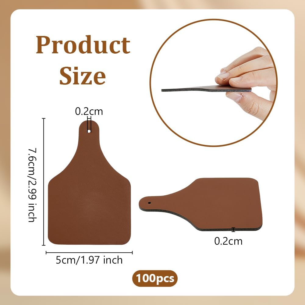 OLYCRAFT 100Pcs Imitation Leather Blank Tags Coconut Brown Cow Ear Tag 3x2 Inch Leather Labels 2mm Thick Blank PU-Leather Tags for Stamping DIY Labels Jeans Bags Accessories DIY Jewelry Crafts