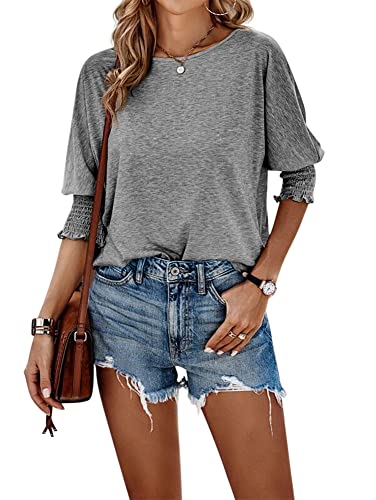 Fazortev Women's 3/4 Sleeve Casual Tops Solid Color Crew Neck Loose Fit Shirts Blouses3