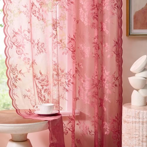 SEEKRIGHT Coral Lace Curtains 63 Inch Length 2 Panels Set Country Floral Sheer Curtains for Bedroom Living Room Rod Pocket Light Filtering Farmhouse Flower Curtain Window Drapes Rustic Decor, 52x63