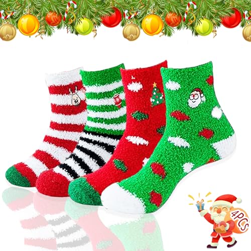 4 Paia Calzini Natalizi Calze Donna Invernali,Calzini da Babbo Natale,Calze Natalizie Donna,Morbide Soffici Termiche Calzini Pile di Corallo Pantofola Calzettoni Caldi da Pavimento,Regalo Natalizi