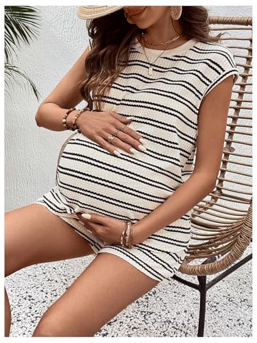 MakeMeChic Women's Maternity Short Pajamas Set Striped Tank Top and Shorts Lounge Sets4