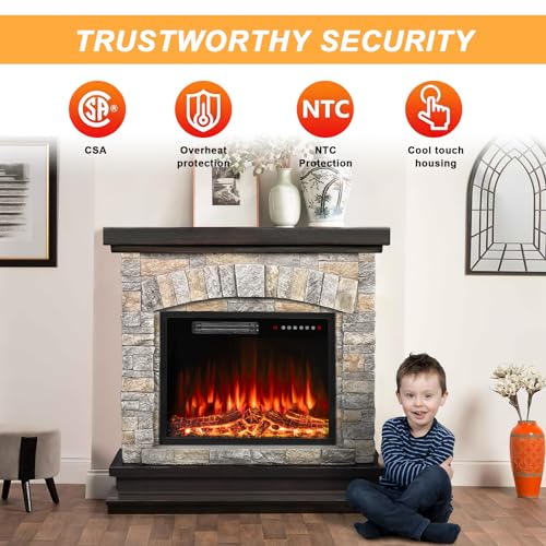 Bossin 36 Inch Electric Fireplace With Mantel, 23 Inch Electric Fireplace Insert, Tv Stand Freestanding Heater With Remote Control Timer Led Flame For Living Room Bedroom,Faux Stone Gray thumb #3