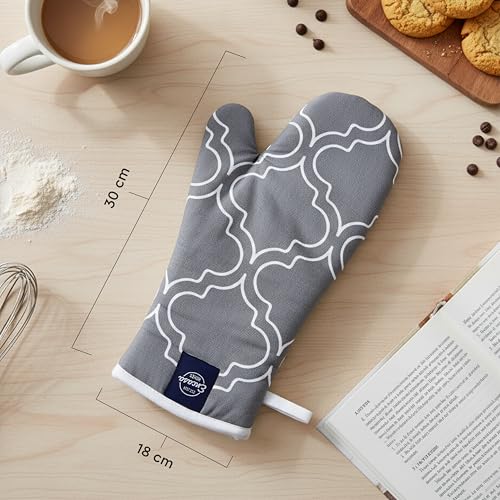 Image of Encasa XO Extra Long 18x35 cm Microwave Oven Gloves Mitts (2 pcs) for Kitchen Cooking - Trellis Grey - Heat Resistant, Thick & Safe, Protection of Hands from Hot Utensils, Gas Flame, Grill, Barbecue