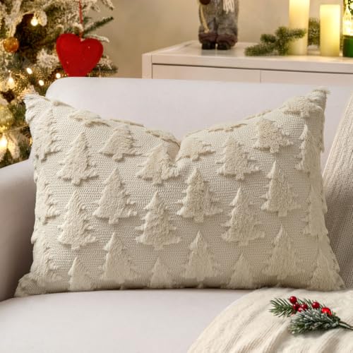 Image of MIULEE Christmas Throw Pillow Covers Lumbar Beige Christmas Decorations Xmas Tree 16x24 Pillow Covers Soft Plush Faux Wool Pillowcases Holiday Festivals Winter Home Decor Sofa Couch Bed Porch