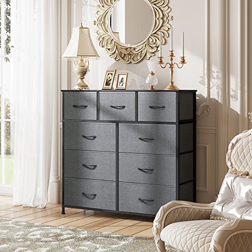 Wlive 9-Drawer Dresser, Fabric Storage Tower For Bedroom, Nursery, Entryway, Closets, Tall Chest Organizer Unit With Textured Print Fabric Bins, Steel Frame, Wood Top, Dark Grey #TOP1