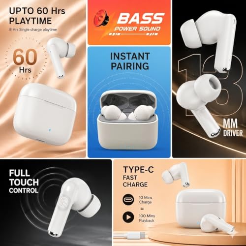 Image of Pods Black Gold Edition Bluetooth 5.3 Wireless Earbuds with ENC Noise Cancellation, 10mm Drivers, 30+ Hours Playtime, Smart Touch Control, Type-C Fast Charging, Deep Bass TWS Earphones (White)