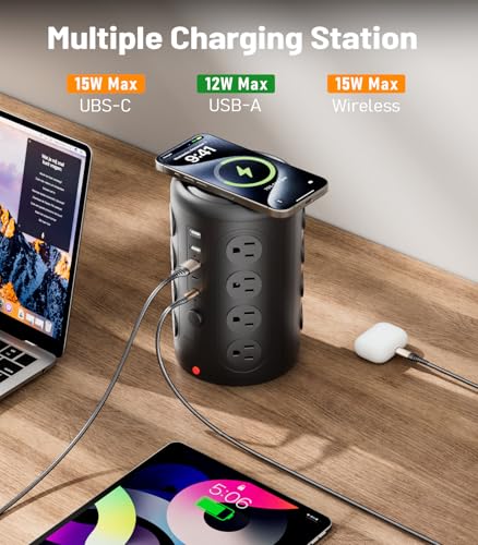 Image of Power Strip Tower Surge Protector, TenTrend 16 Outlets and 5 USB Ports (2 USB-C), 2000 Joules Charging Station, 15FT Flat Plug Extension Cord for Home Office Dorm Room Essentials, Black