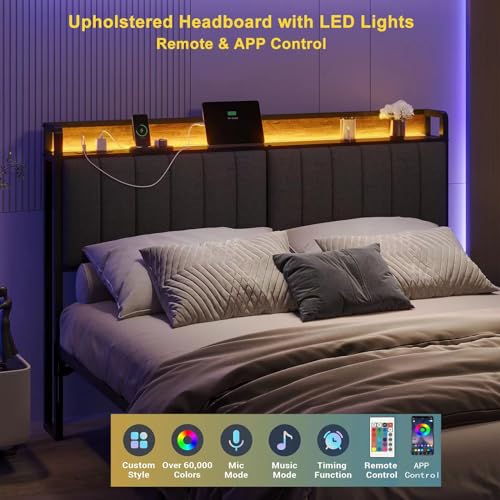 Image of Full Size Upholstered Headboard with LED Lights & Charging Station, USB & Type C Port, Linen Upholstery, Full Headboard Only, Height Adjustable Attach Frame Sturdy and Stable Easy Assembly