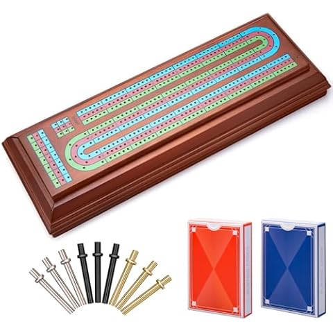 ELONGDI Wooden Cribbage Board Game Set with Large Storage Area,9 Metal Pegs & 2 Playing Cards Continuous Solid Wood 3 Track Board Travel Portable Cards Games for Adults Family Cover