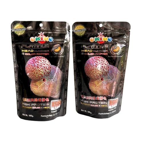 Okiko Platinum X2, Floating Pellets Size M = 2 Mm, Flowerhorn Fish Food Red Head Mark Formula High Protein Astaxanthin Color Enhancing Tropical Fish Feed Probiotic Healthy Fast Growth cover