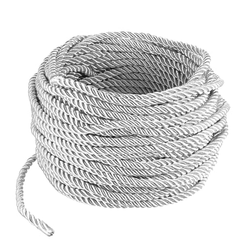 5mm 21 Yards Silver Rope Cord for Sewing and Crafting, 3-Ply Twisted Decorative Cords Shiny Nylon Macrame Silk String Graduation Cord for Home Decor Upholstery Curtain Tieback Bag Drawstrings