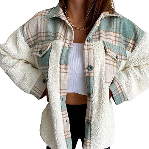chouyatou Women's Fuzzy Sherpa Fleece Spliced Leopard Print Plaid Shirt Jacket Shacket Coat