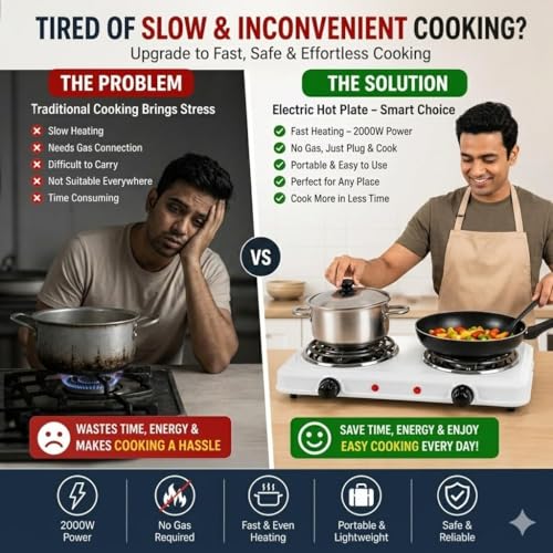 Image of Drumstone (Kitchen Essentials 5 Year Warranty) Electric Double Burner Hot Plate 2000W, Portable Dual Cooking Stove with Adjustable Temperature Control, Compact Cooktop for Home, Hostel & Travel Use