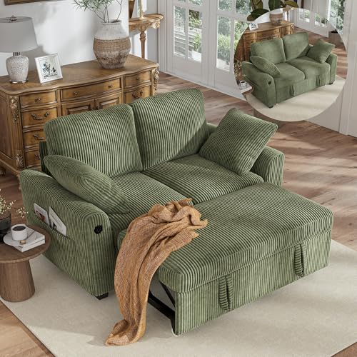 Image of Hanherry 59 inch Loveseat Sofa with Pull Out Couch Bed, Corduroy 2-in-1 Convertible 2 Seater Sleeper Sofa with USB Charging,Comfy Love Seat for Small Spaces Living Room Apartment