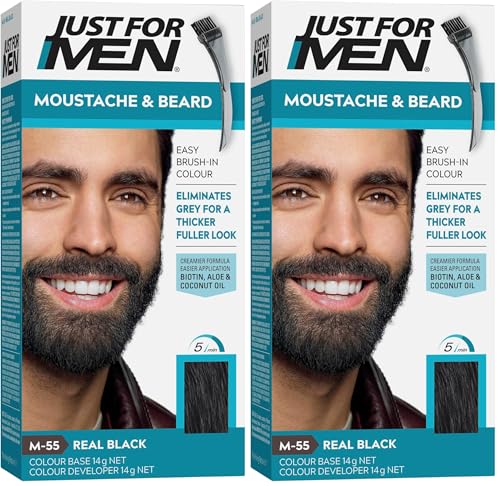 Just for men Moustache & Beard, Beard Dye For Grey Hair With Brush Included, Eliminates Grey For A Thicker & Fuller Look - Colour: Real Black, M-55, 2 Count (Pack of 2)