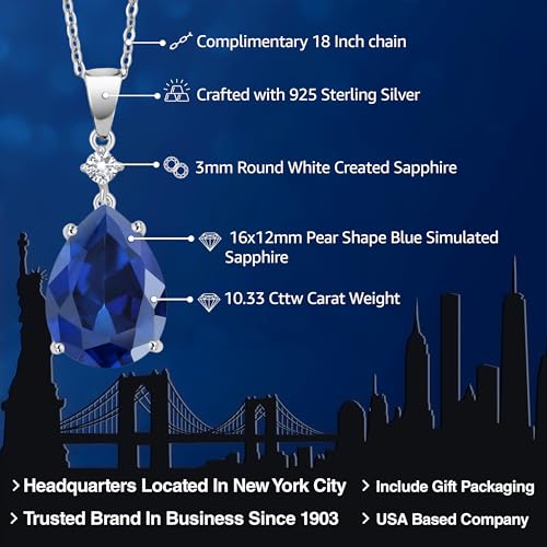 Gem Stone King 10.33 Cttw Blue Simulated Sapphire and White Created Sapphire Pendant Necklace For Women | 925 Sterling Silver | Pear Shape 16X12MM | With 18 Inch Chain2