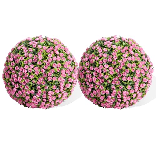 GarveeHome 21.6 in Artificial Topiary Flower Balls, Set of 2 Decorative Topiary Balls Hanging Grass Ball for Home Decor Indoor and Outdoor,Pink