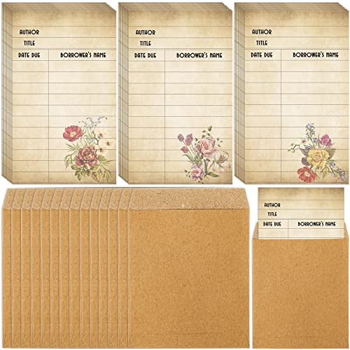 Roowest 120 Pack Vintage Library Card Pockets Self Adhesive Library Checkout Index Cards Due Date Card for Record Keeping for Classroom School Office Public Libraries Books, 3 x 5 Inch(Flowers)