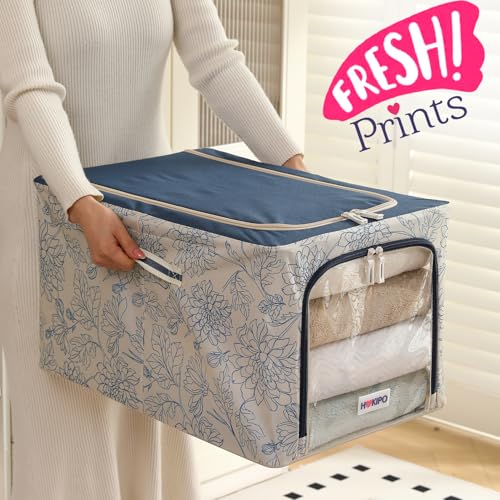 Image of HOKIPO Clothes Storage Box, 600D Oxford Fabric Organiser for Wardrobe, Blue Blossom - Extra Large Pack of 1 (AR-6490-BLU)