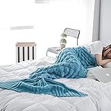 Mermaid Tail Blanket Handmade Soft Sleeping Bag Crochet Knitting Living Room Quilt All Seasons Sofa Snuggle Rug Best Fashion Birthday Christmas Gift (205x90cm/80x35in) (Blue)