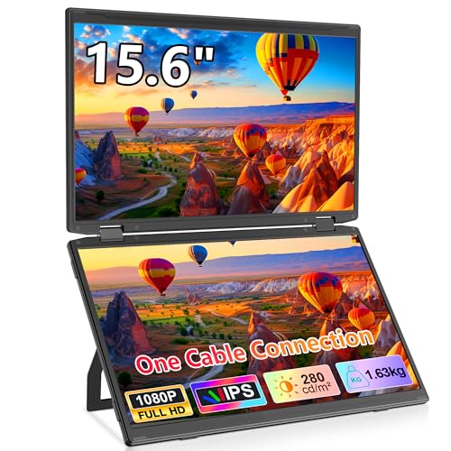 15.6'' Laptop Screen Extender, 1080P Portable Monitor for Laptop, Folding Triple Screen Monitor Extender for Mac/Wins/Android with Kickstand, Plug & Play, VESA, Built-in HUB, One Cable Connection