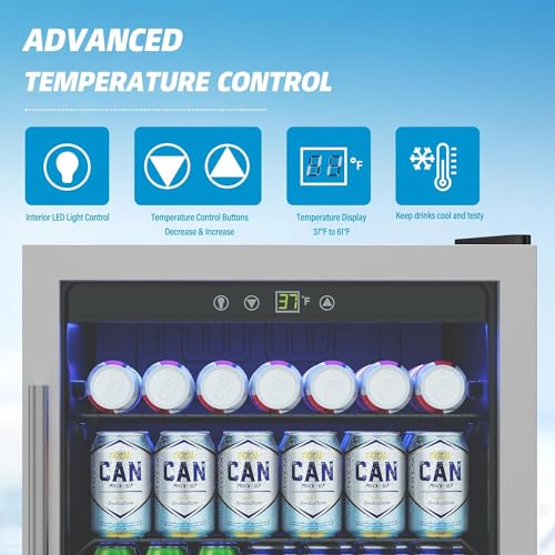 Image of Erivess Compact Beverage Refrigerator, 145 Can /4.5 Cu Ft Mini Fridge,Silver | Adjustable Shelves & Digital Display Small Refrigerator for Soda, Under Counter Freestanding Glass Door Mini Cooler for Home