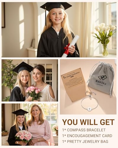 Image of 5th /8th Grade Graduation Gifts, Silver Adjustable Compass Bracelet for Her