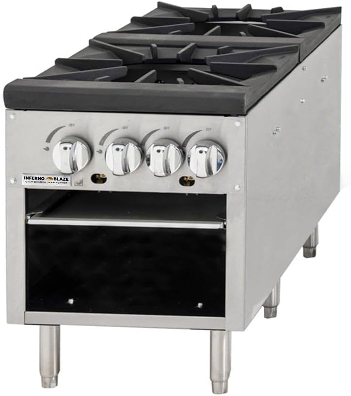 Inferno Blaze Premium IBP-SPR-2 Natural Gas Stock Pot Range 160,000 BTU, Silver - ETL Certified, Stainless Steel Design Two Burner Gas Stove - Ideal for Commercial Kitchens