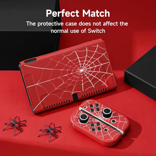 JINGDU Case Compatible with Nintendo Switch OLED 2021, TPU Case Accessory for Switch Console and Grip Joy-Con, Switch Protector with 4 Thumb Grips, Red Spider Web - Image 4