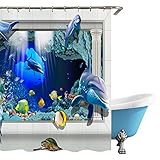 Surblue 3D Dolphin Shower Curtain with Hooks, Made of Polyester, Mildew Resistant & Machine Washable, Width x Heght is 70x70 and 70x80 inches