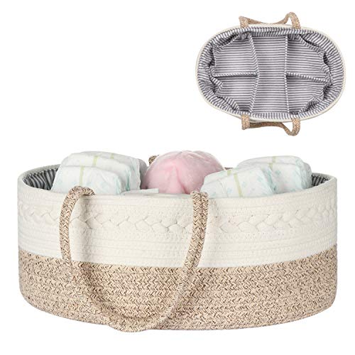 Image of maxgoods Baby Diaper Caddy Organizer -100% Cotton Baby Basket Bin with Removable Divider -Portable Tote Bag Storage Basket for Boy & Girl Nursery Organization (White & Yellow Variegated)