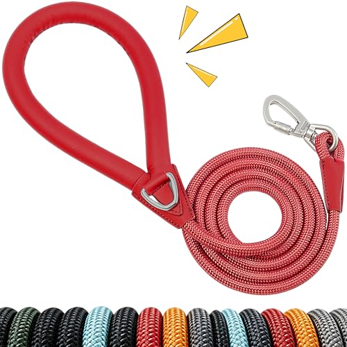Leather Handle Heavy Duty Dog Leash, Rope Leash, Reinforced Nylon Rope, Resistant to Dirt and Bite, Lockable Swivel Clip, No Tangle, Durable for Medium, Large Dogs (Crimson Blaze, 6 FEET)
