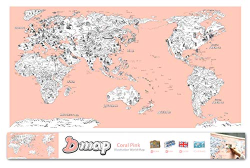World Map Story Telling Travel Sketch | Reproduced from Hand Drawing | 36 * 20 Inches | Pink, Green, Vintage, Blue - DIY Coloring Decorations Map (Coral Pink)