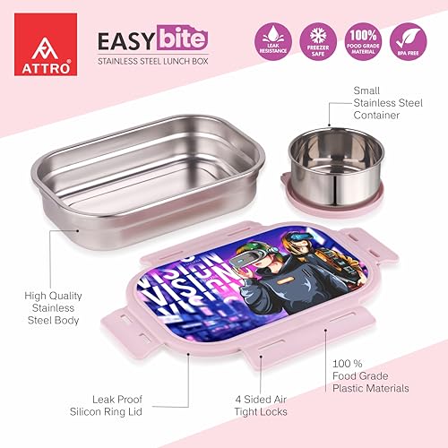 Image of ATTRO Easy Bite Stainless Steel Lunch Box with Inner Steel Body, Airtight 4-Side Lock Lid, Leakproof Silicone Seal, Small Container for Office School Kids Tiffin Box - 650ml+150ml-VR Gaming Peach