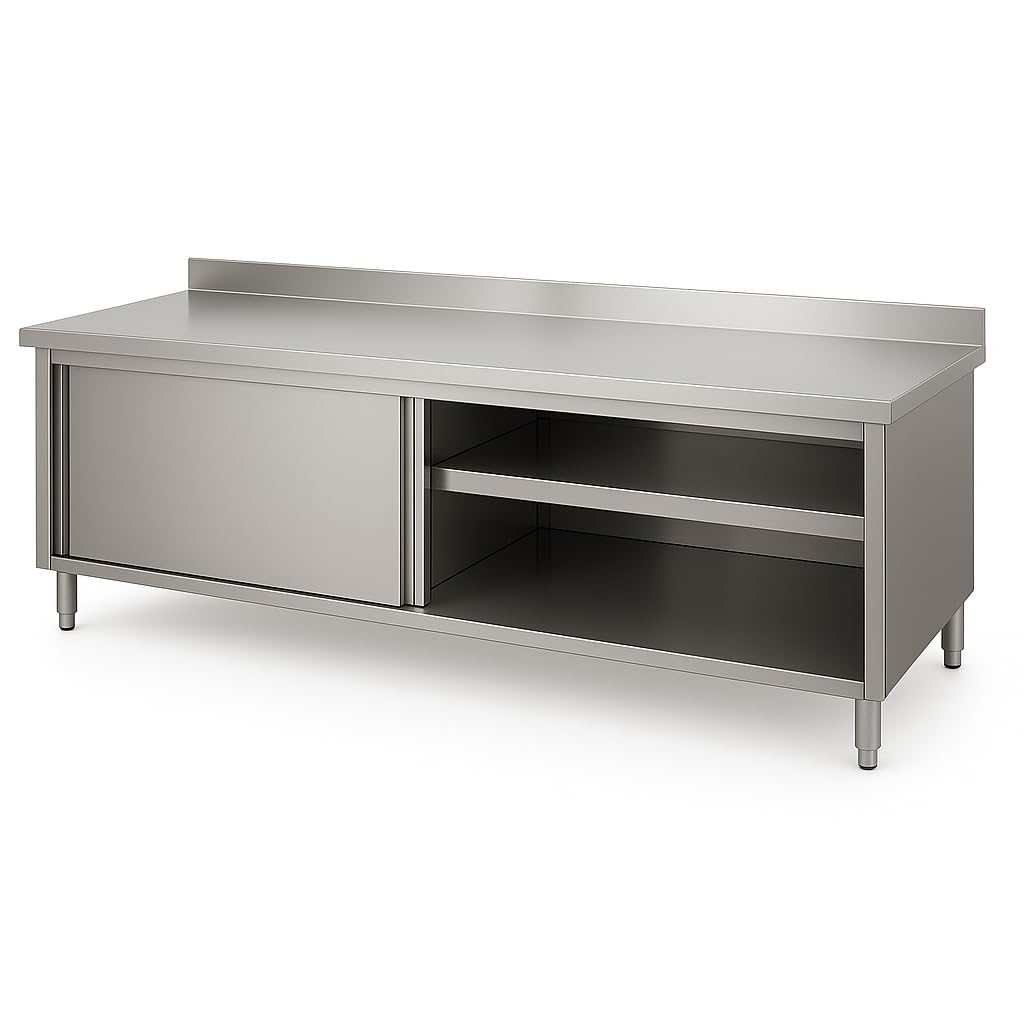 Générique Meuble Neutre INOX adossé Professionnel – 2000 mm de Long – Profondeur 700 mm – dosseret Amovible – Portes coulissantes