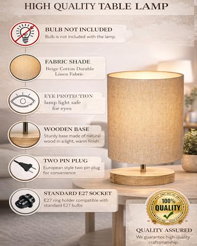 Image of Homesake Small Pine LED Table Lamp-Wooden Bedside Lamp Simple Bedroom Light Linen Shade Mini Desk Lamp Nightstand Lamps for Bedroom, Living Room, Gift, (Jute Cylinder)