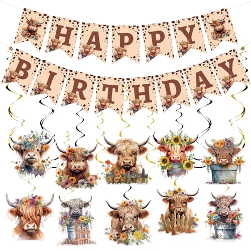 Rngmsi Highland Cow Birthday Decorations 16PCS Highland Cow Birthday Banners Hanging Swirls Happy Bday Chic Cowboy Party Decor Supplies